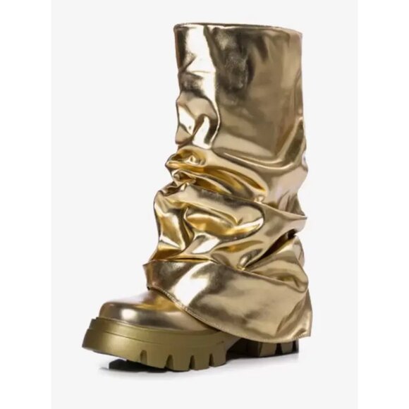 Shoes - sexytag GOLD Metallic Boots Slouchy Foldover Boots Mid Calf Platform Round Toe P